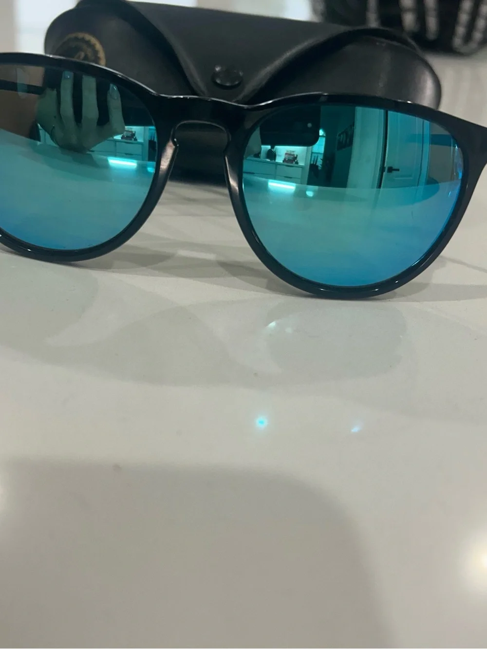 Ray-Ban Black Frame Sunglasses with Blue Mirror Lenses
